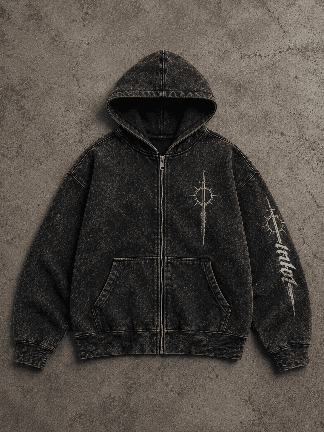 Acid Wash Black Zipper Hoodie 2
